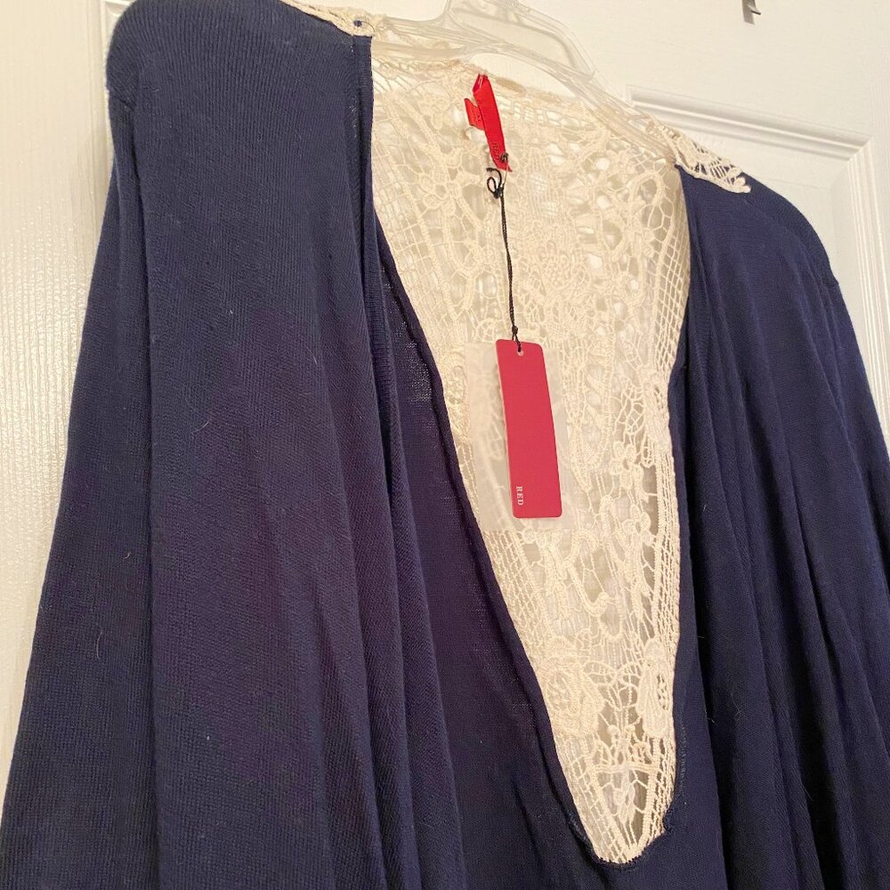 New Red Drape-Front Cardigan with Crochet-Lace Back